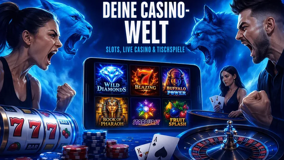 Spielraster mit Slots, Live-Dealer-Tisch und Kartenspiel